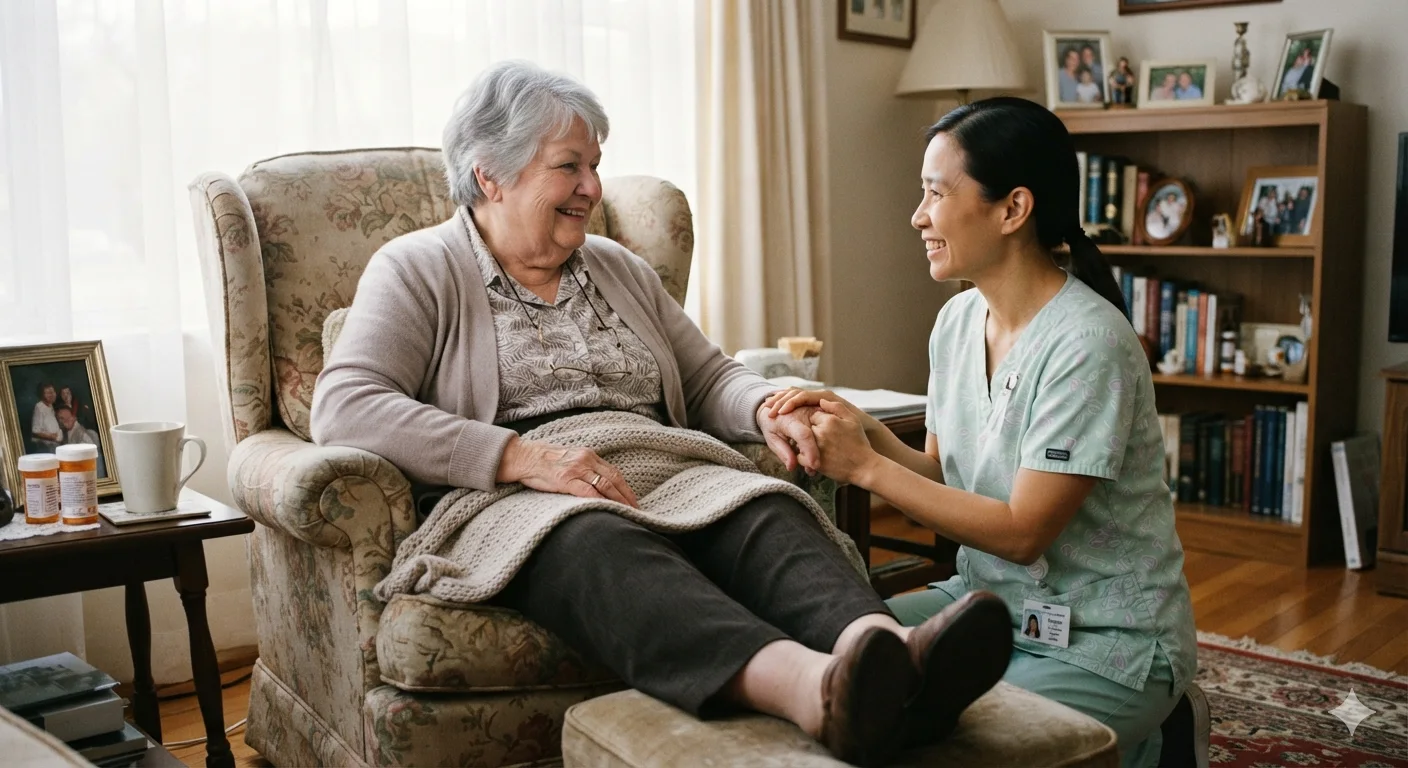 A caregiver with an older client at home.